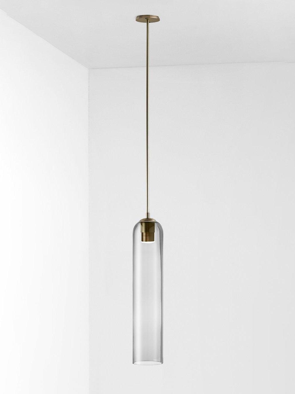Clear glass Long Tube pendant with gold-toned rod and canopy, showing the socket inside the top of the transparent tube