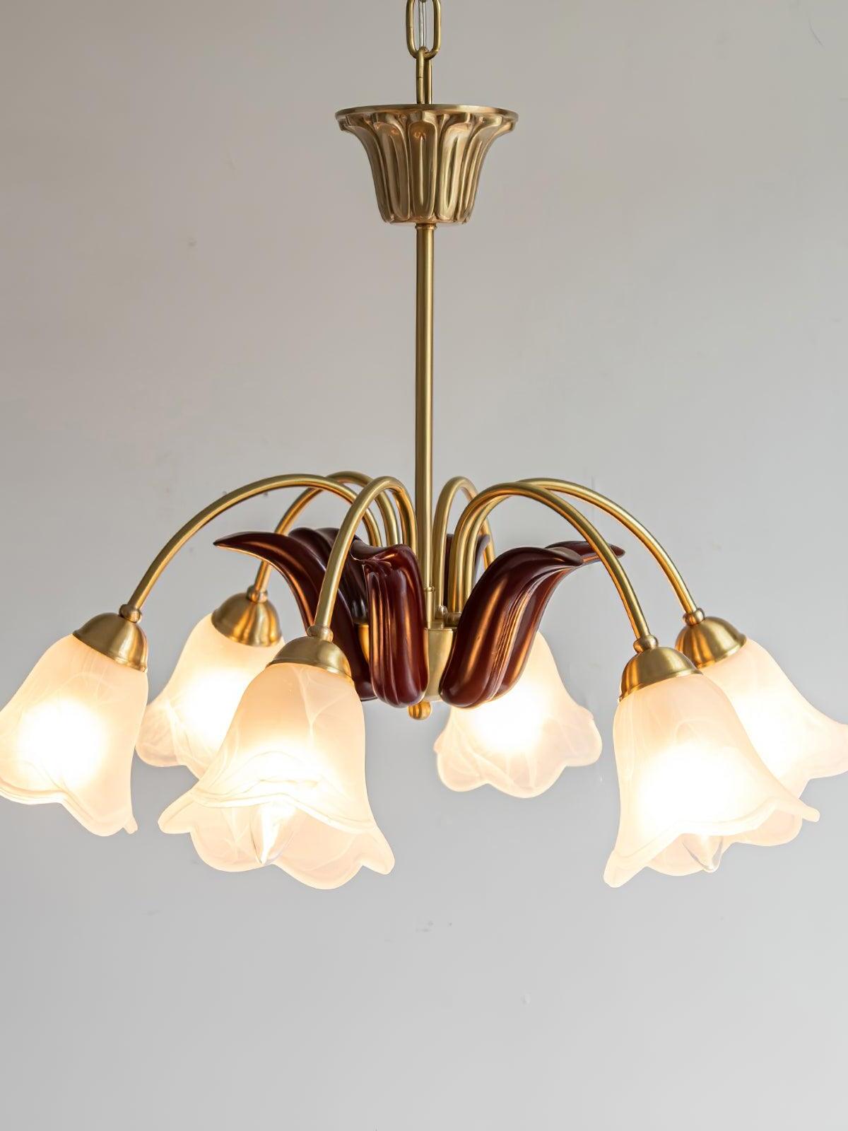 Six-head chandelier with white scalloped glass shades