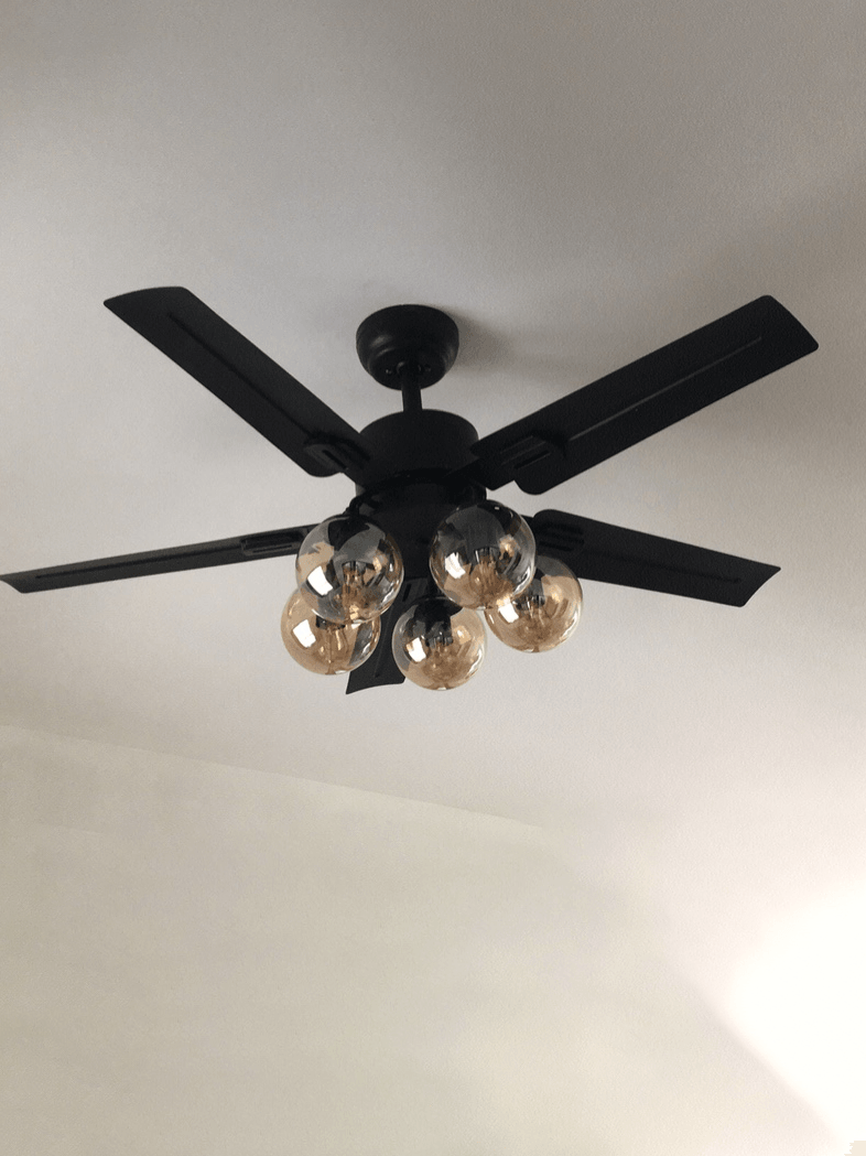 Black ceiling fan with rounded globe shades