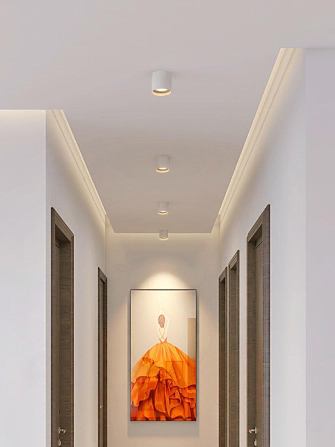 Four white cylindrical ceiling lights along a hallway with dark-framed doors and orange-dress artwork at the far end