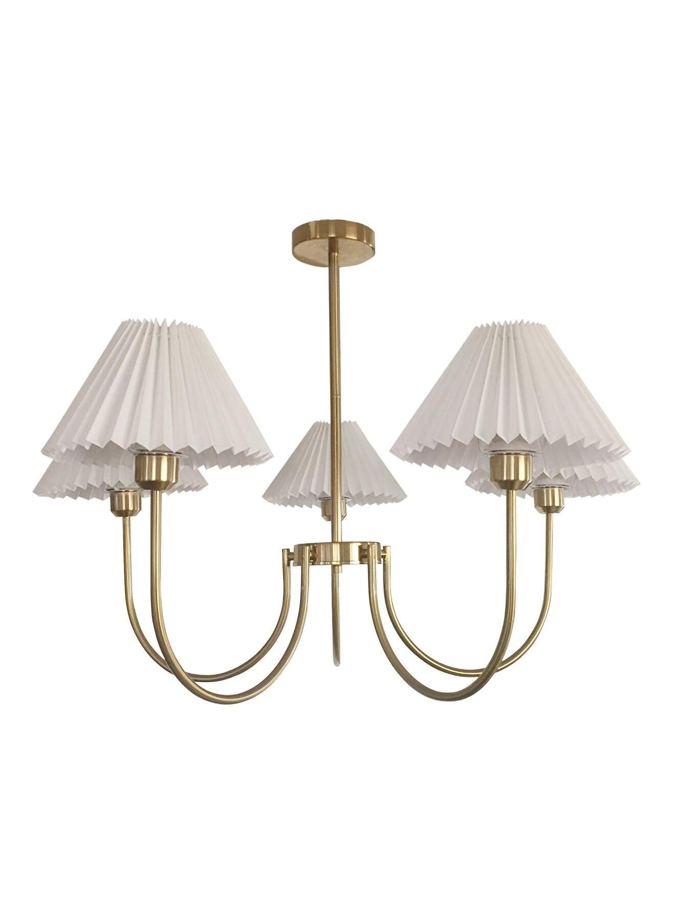 Five-shade Lenore chandelier with white pleated shades and a central suspension rod