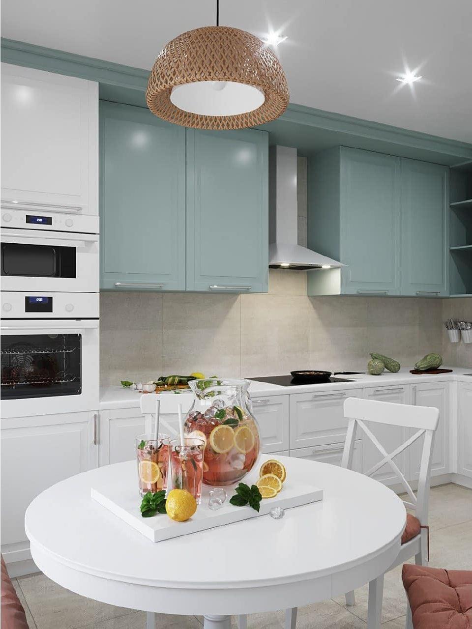Glowing bamboo basket pendant over a white kitchen table