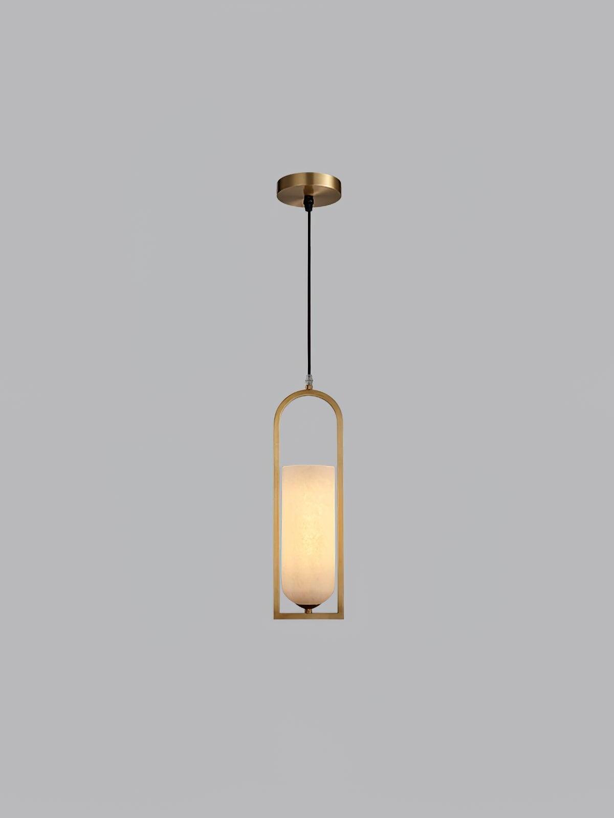 Single glowing Melange pendant with an arched brass-coloured frame, black cord and round ceiling canopy