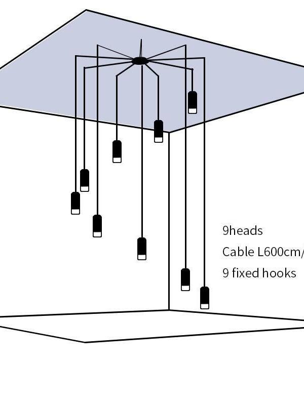 Nine-head ceiling diagram with angled radial cables, L600 cm and 9 fixed hooks
