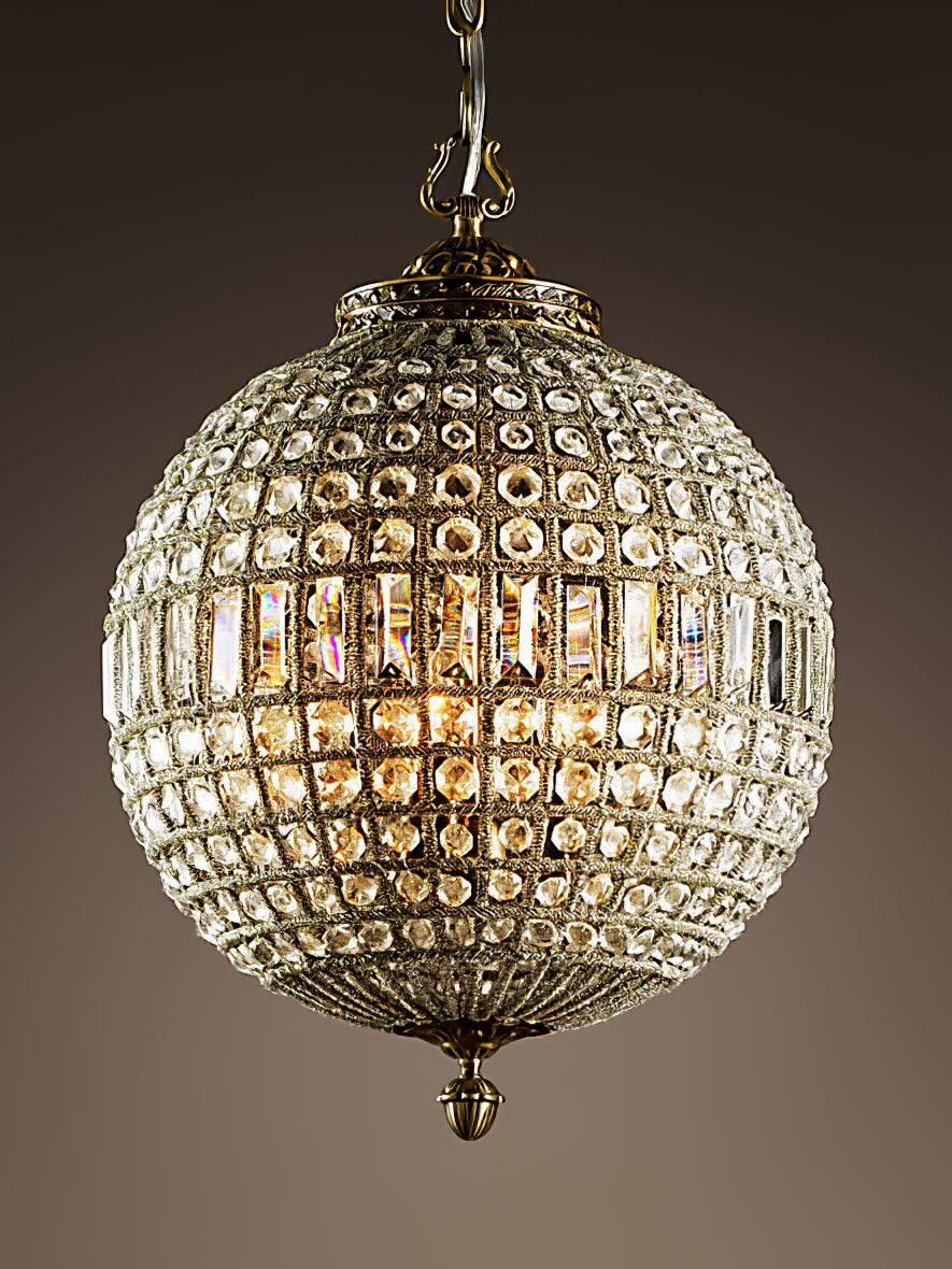 Glowing crystal globe on a dark background with round pieces, a rectangular center band and ornate finial