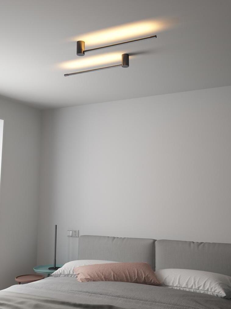 Two ceiling-mounted linear lights above a bed