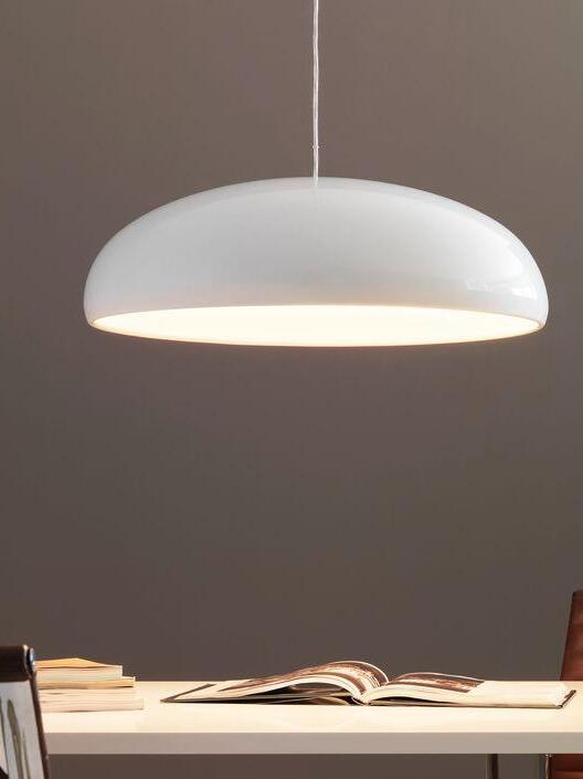 White pendant casting light over a desk
