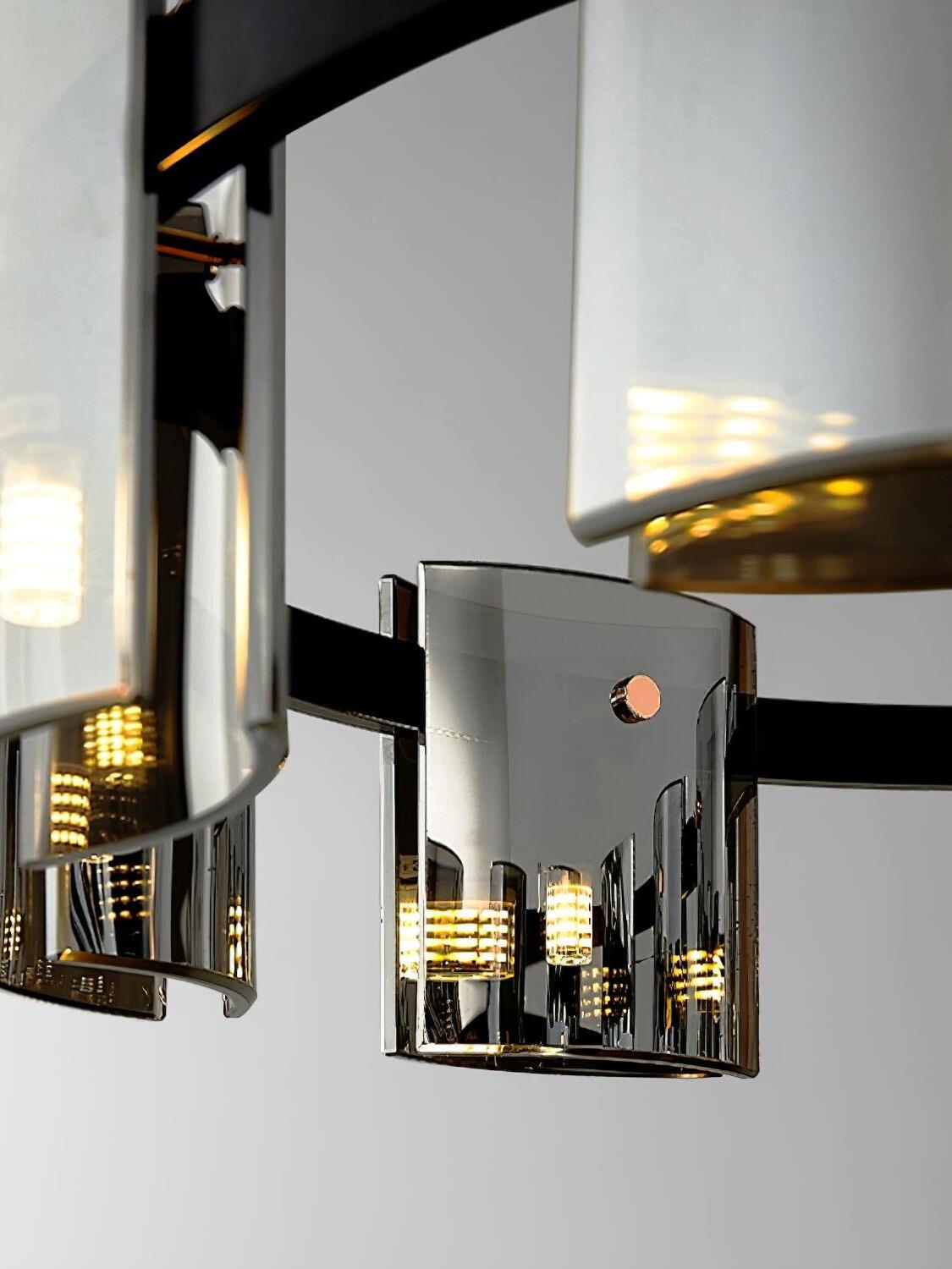 Detail of lights behind the curved smoky glass panels