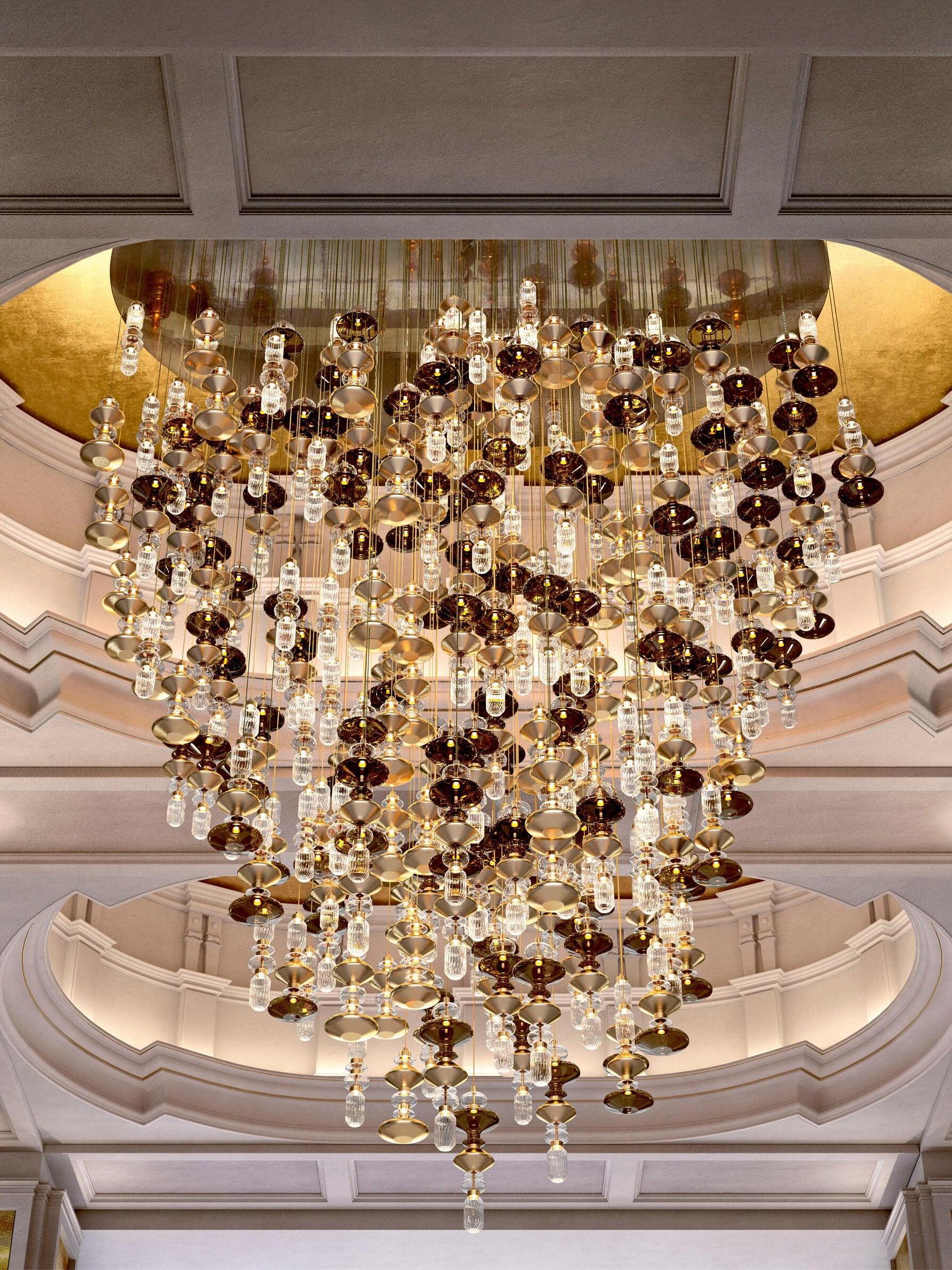 Large installation of many Ballet glass pendants