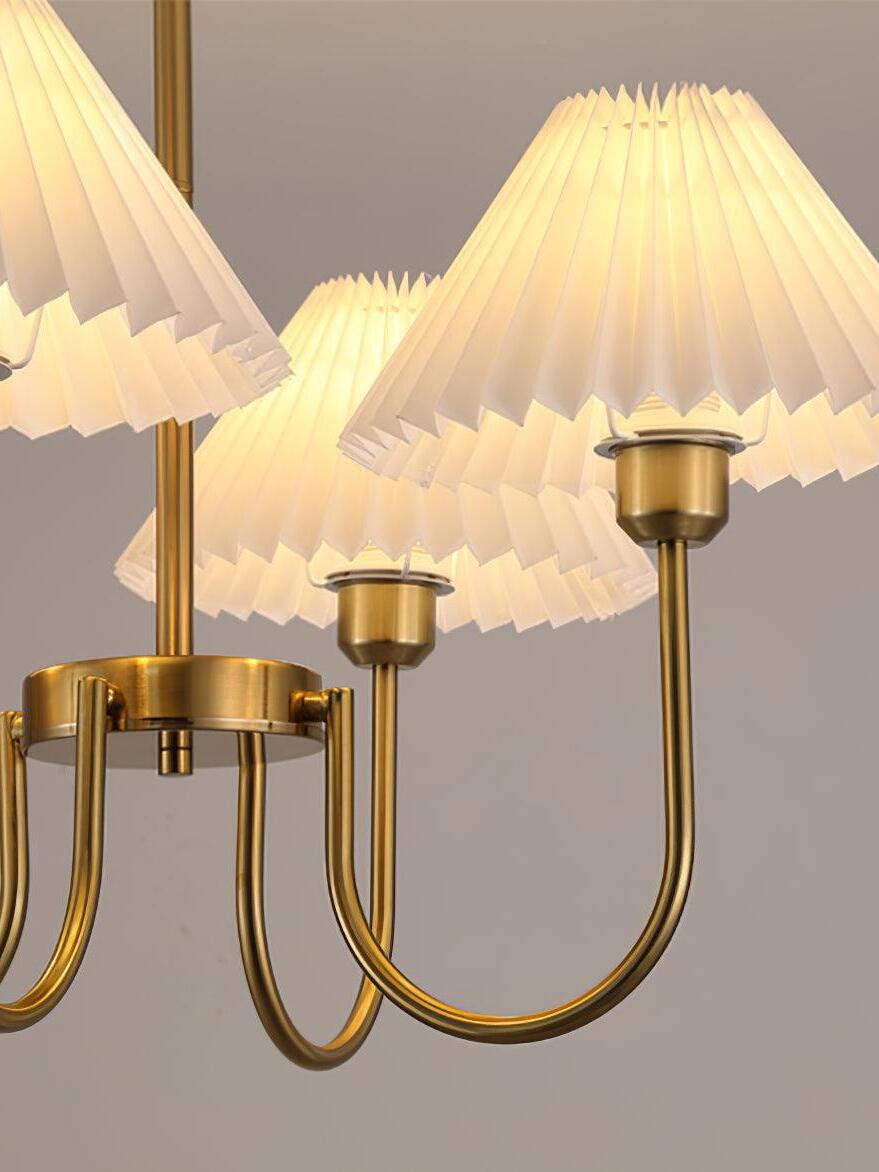 Close view of glowing pleated shades and rounded gold-tone arms