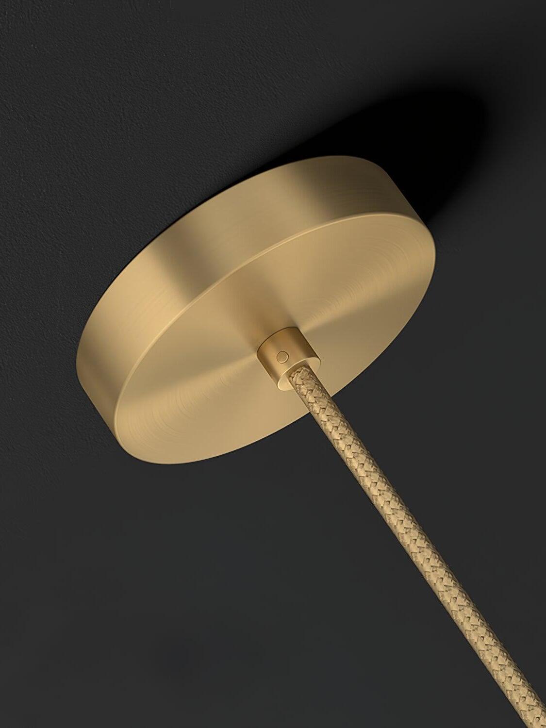 Round brass-tone canopy close-up showing the braided cord entry fitting against a dark background