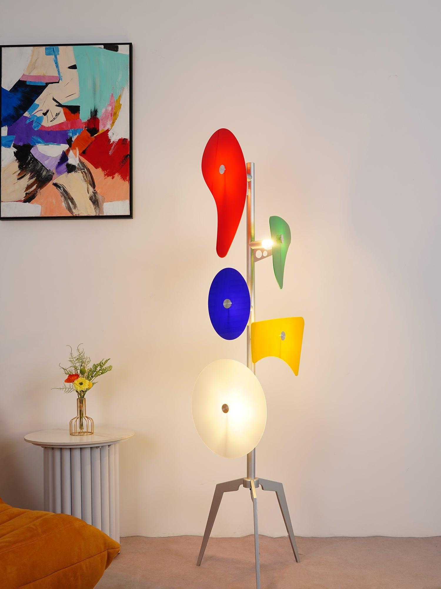 Multicolour panel lamp illuminated beside a yellow seat