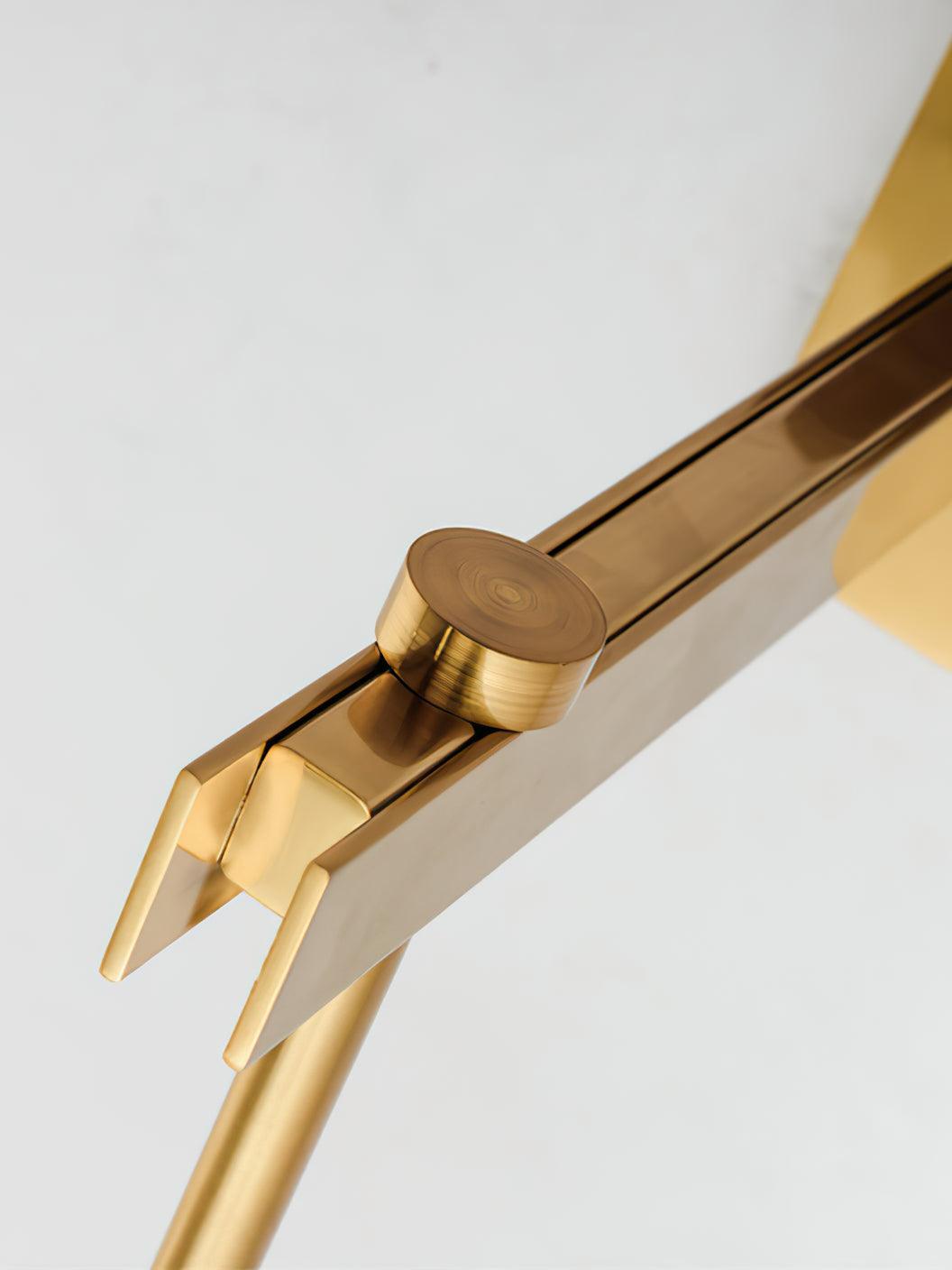Gold-tone round fixing on a slotted rectangular bracket with the vertical rod below