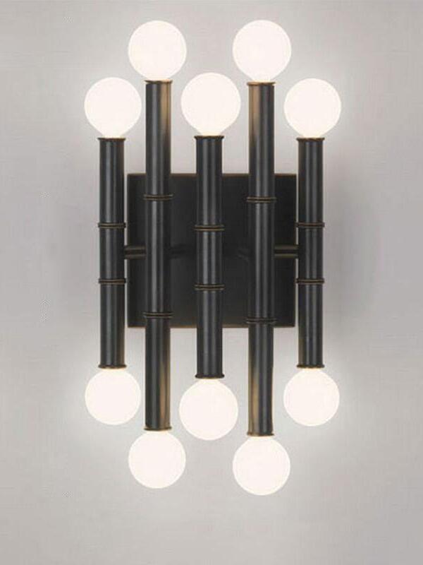 Meurice Black option: five staggered dark metal stems, ten white globe bulbs and a rectangular wall backplate