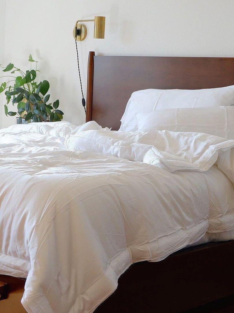 Brass-tone bedside light near green plant and brown headboard