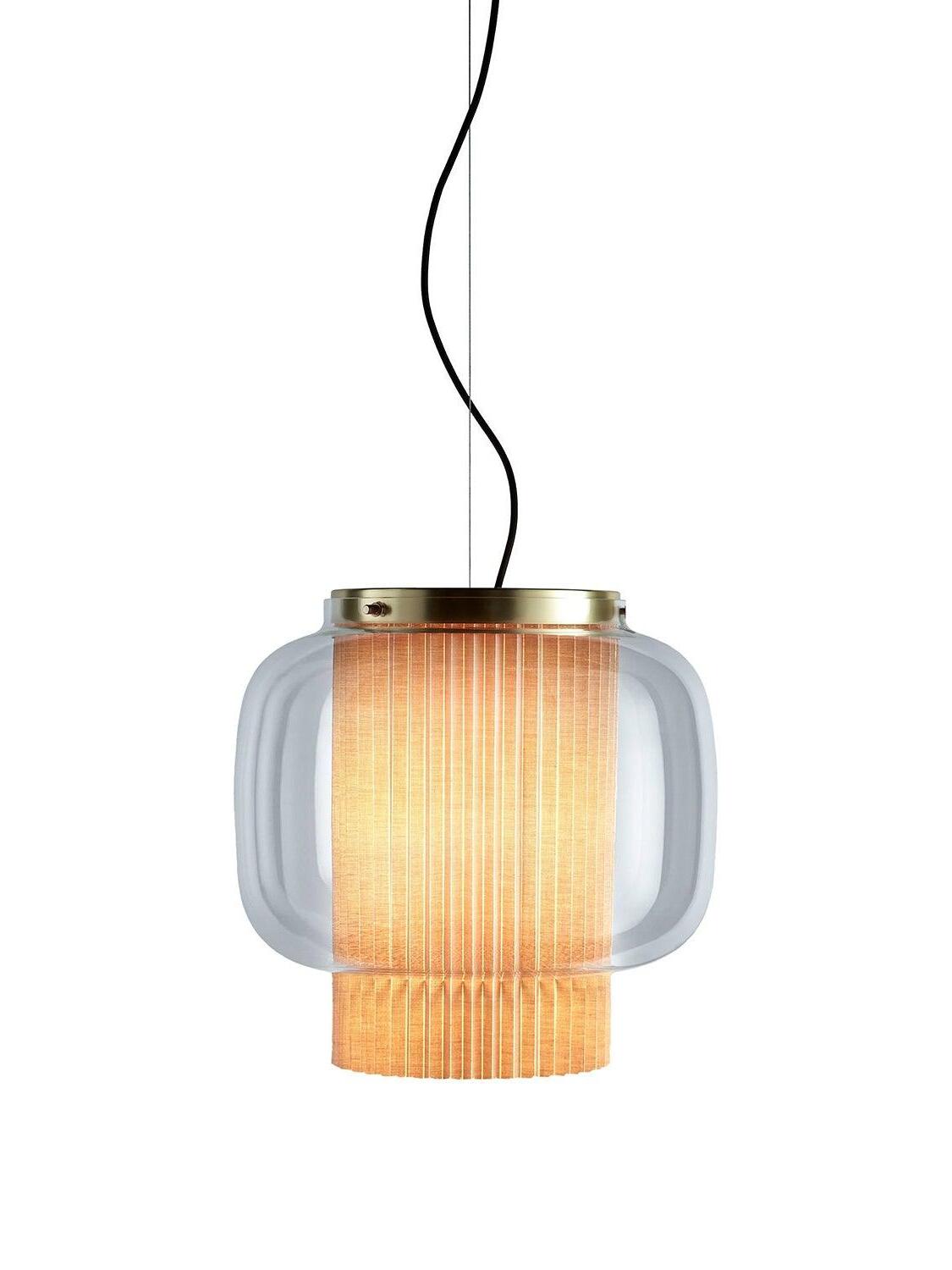 Larger Gold and clear-glass Manila T pendant with a broad glass shell and pleated fabric extending below