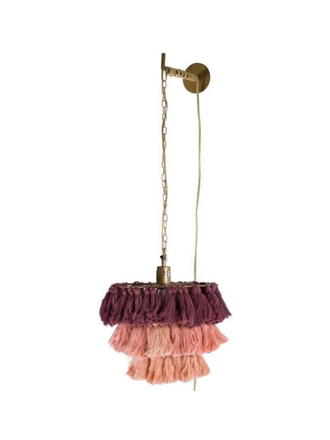 Tassel wall light with burgundy upper, pink middle and peach-toned lower tiers