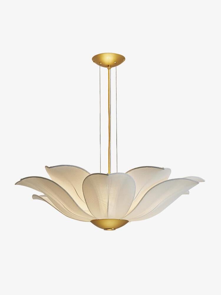 Gold and white layered petal chandelier on white background
