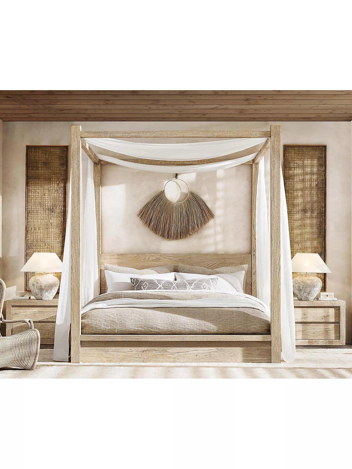 Pair of pale urn table lamps flanking bedroom bed