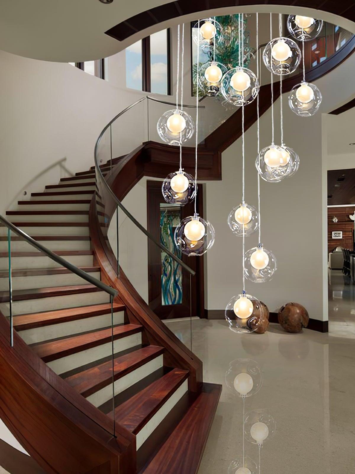 Clear globe cluster beside a curved stairway