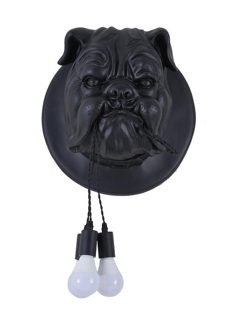 Front view of a matte black bulldog wall light with three exposed bulbs