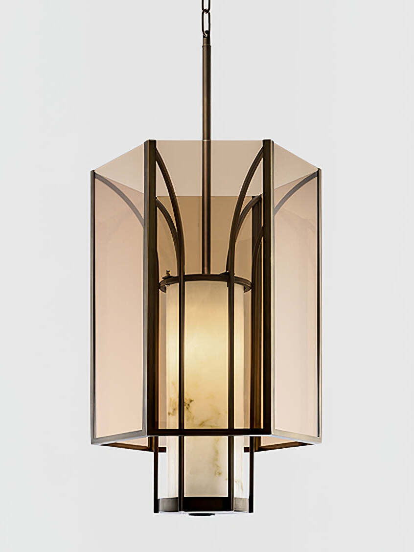 Single black-frame amber glass lantern pendant
