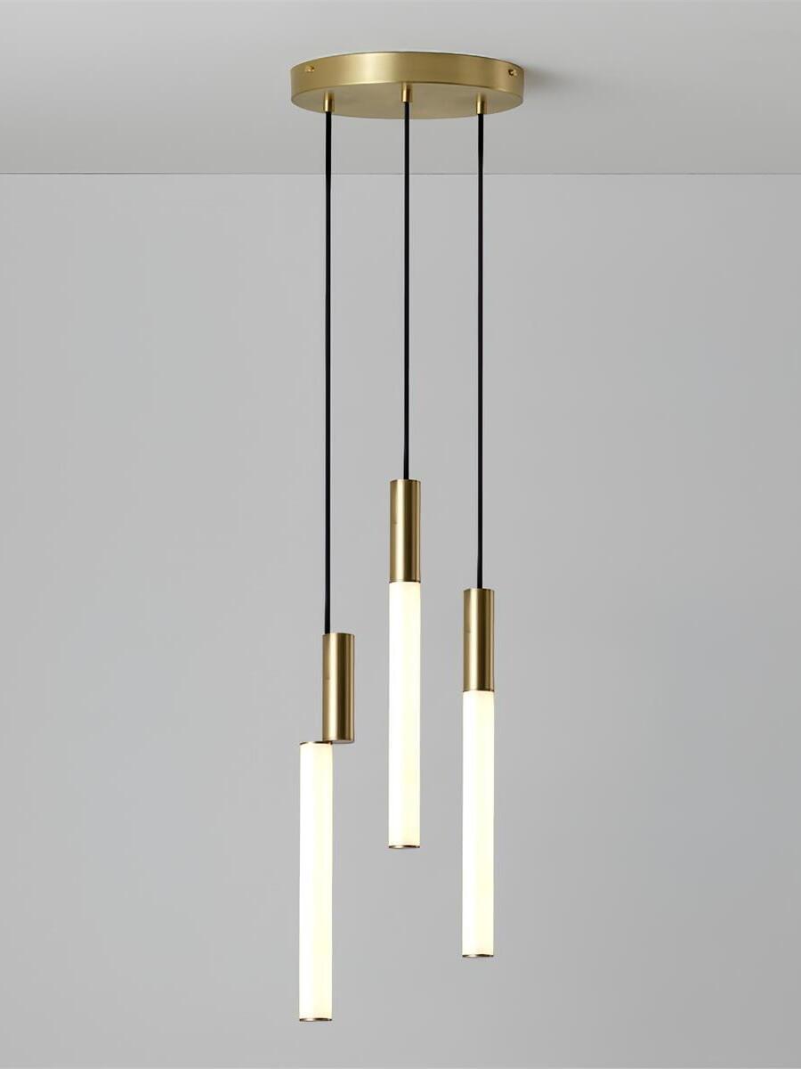 Three gold-top white tube pendants below round canopy