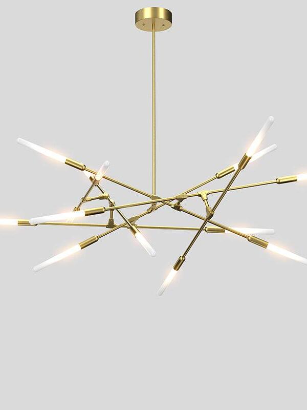 Wide gold-coloured branch chandelier with tubular light covers at its outer tips