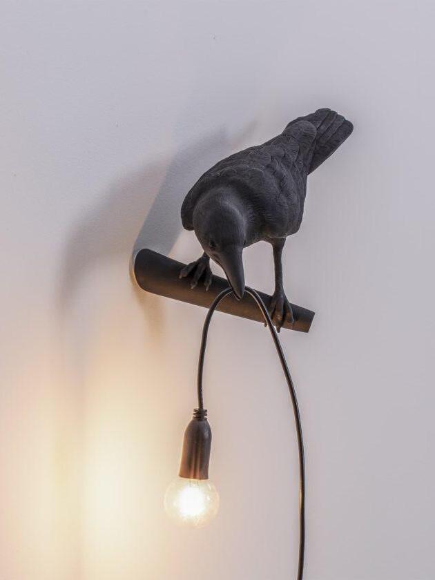 Front-oblique black bird on a wall perch holding a looped cord with an illuminated bulb