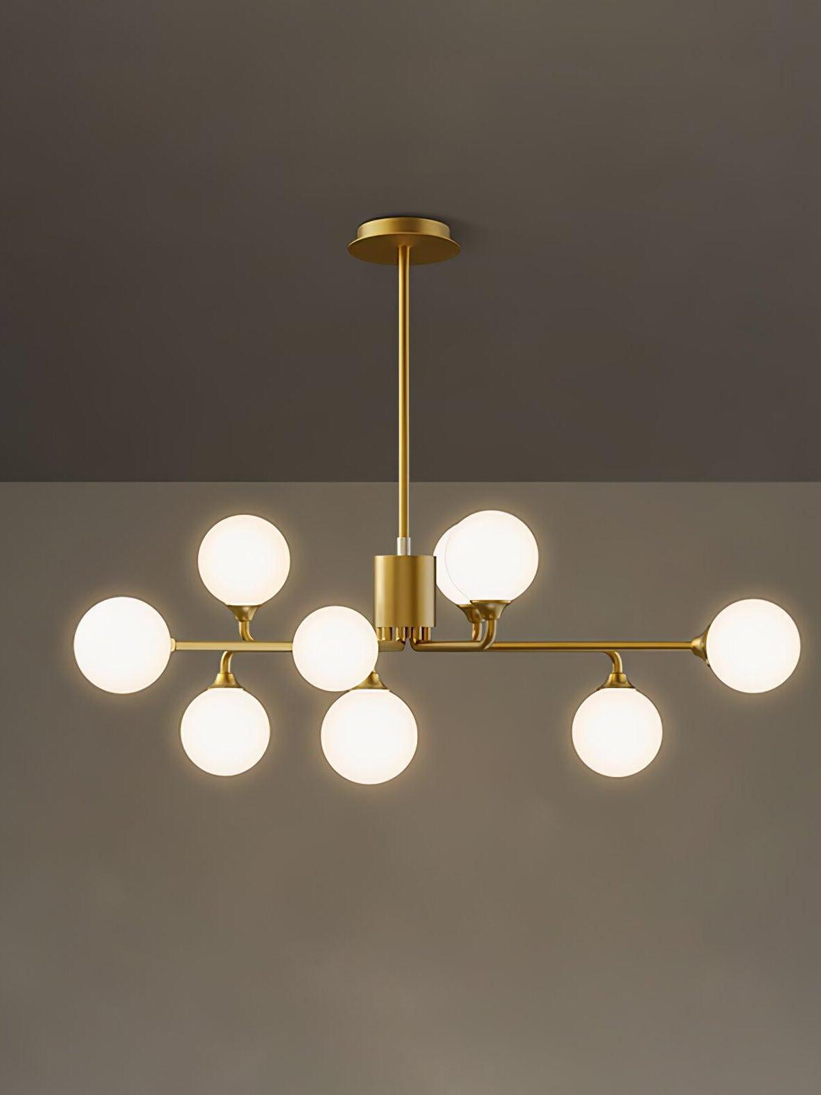 Six-globe brass ceiling fixture with straight rod