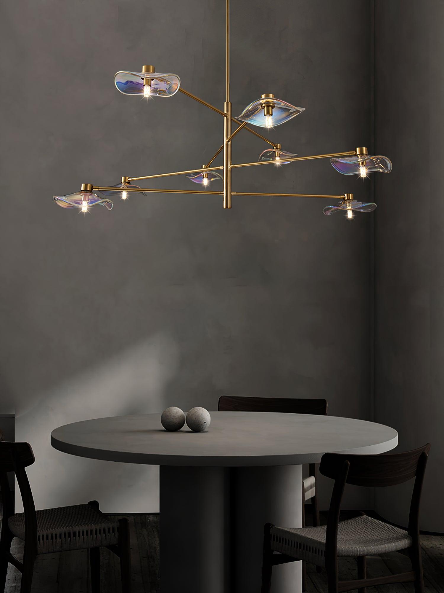 Gold Calla chandelier above a dining setting