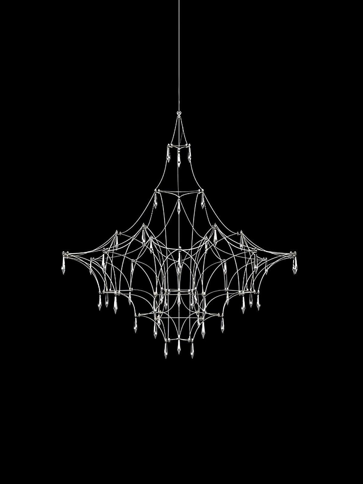 Silver-coloured net-like chandelier frame with clear pointed crystal drops