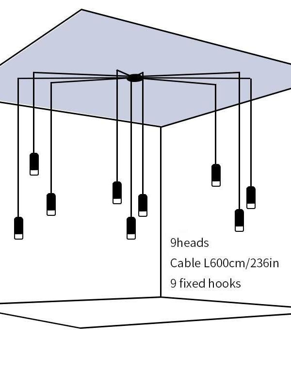 Nine-head ceiling diagram with spread horizontal cables, L600 cm and 9 fixed hooks
