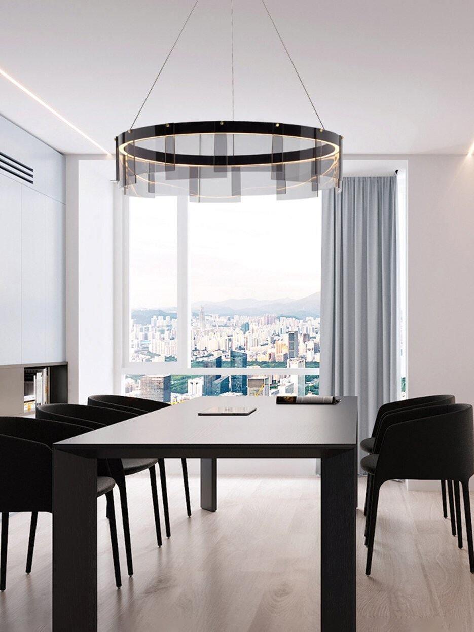 Glass ring chandelier in a bright dining room