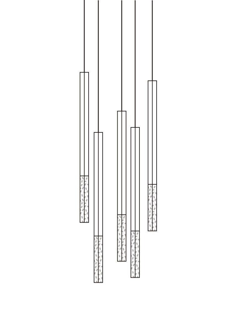 Line drawing of five staggered vertical pendant elements