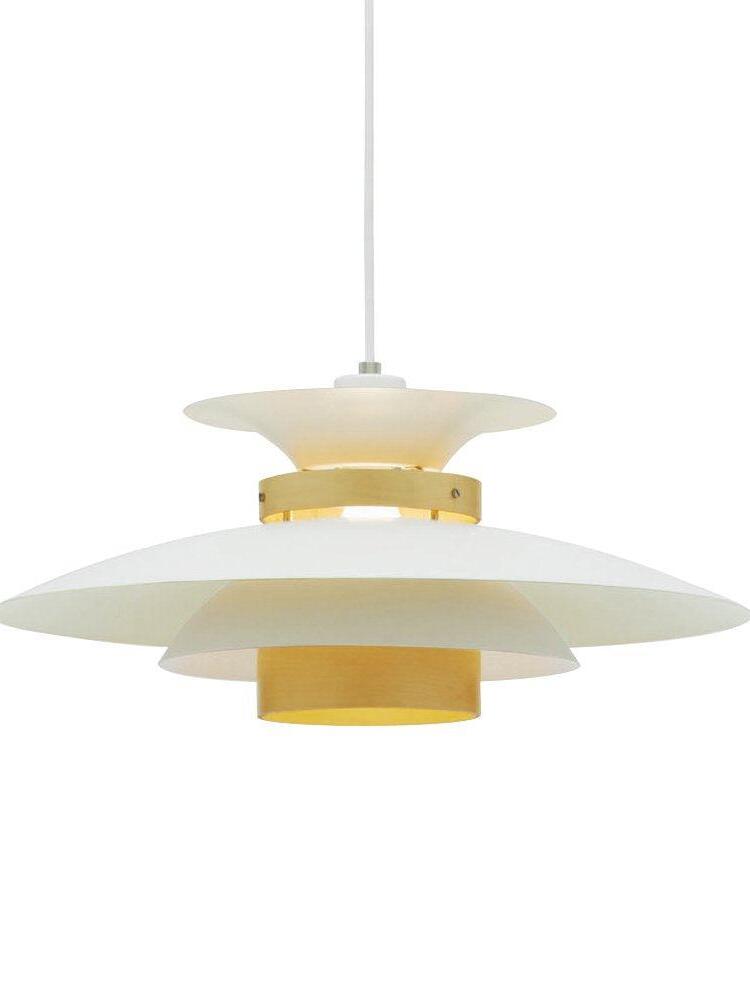 White flared shade layers separated by light wood-coloured cylindrical elements