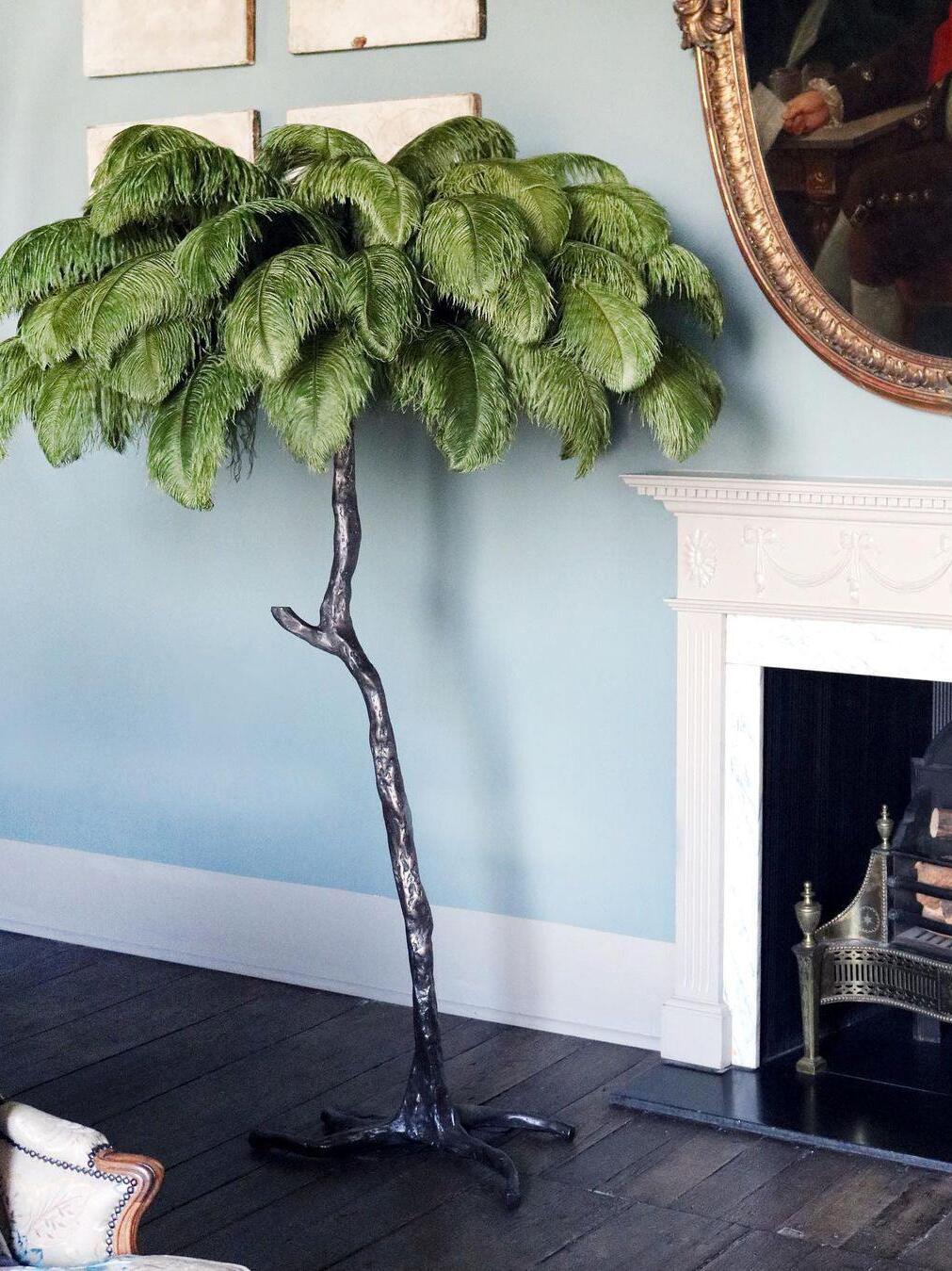 Art Deco Brass Ostrich Feather Floor Lamp - Cueteks