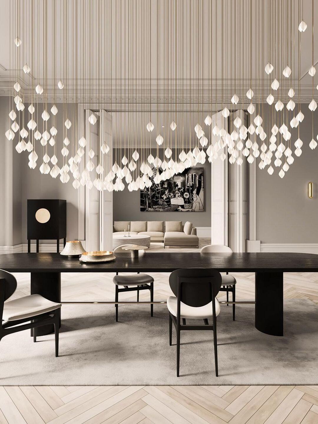 Floral light installation across a dining room