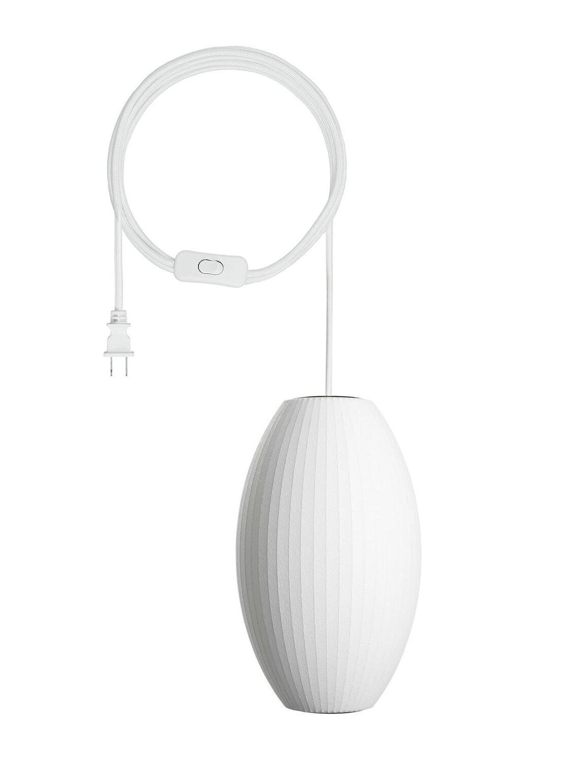 Model D tall white oval pendant with vertical ribs, cord, switch and two-prong plug
