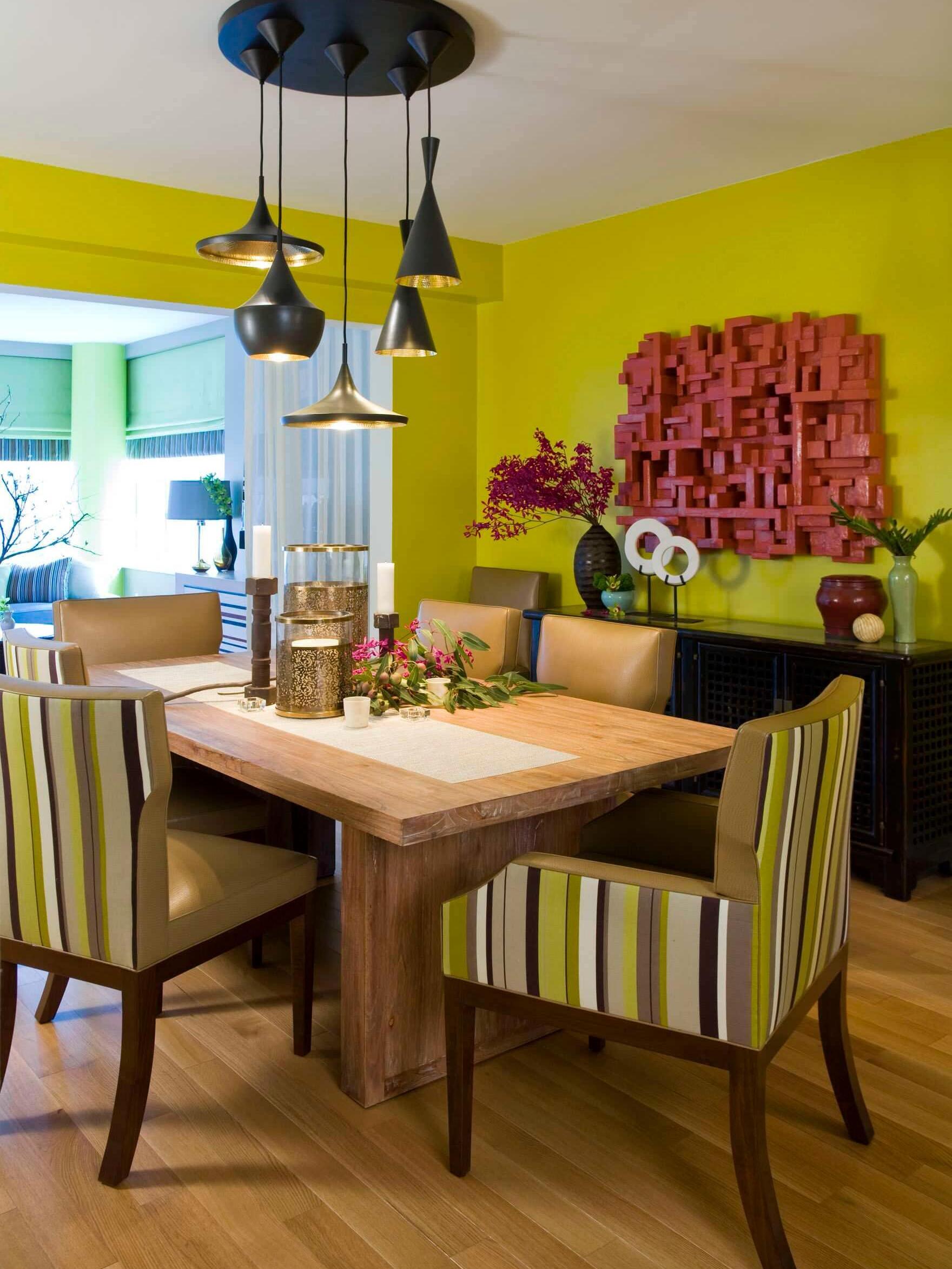 Black grouped pendants in a bright yellow room