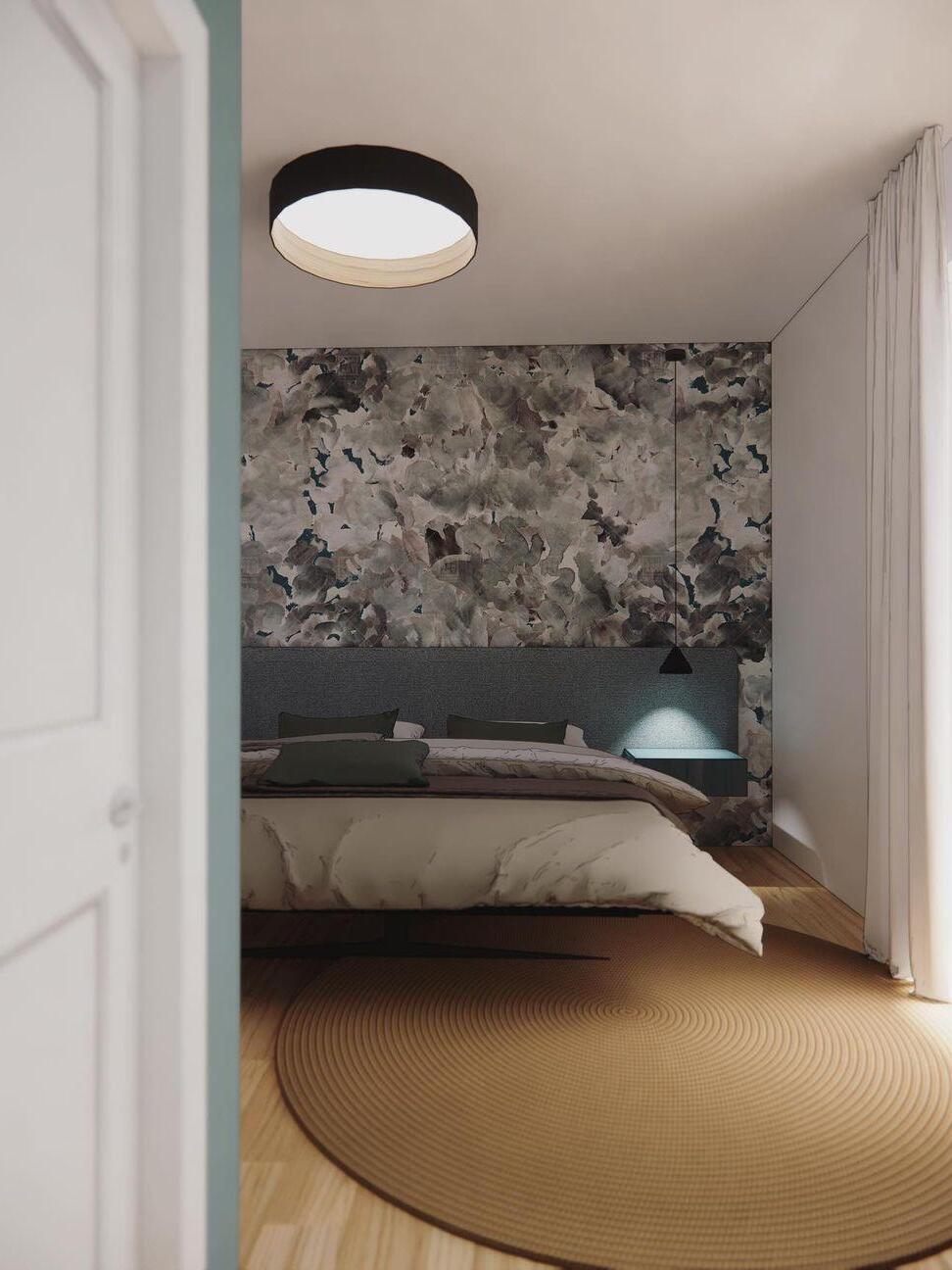 Black round ceiling fixture in bedroom view