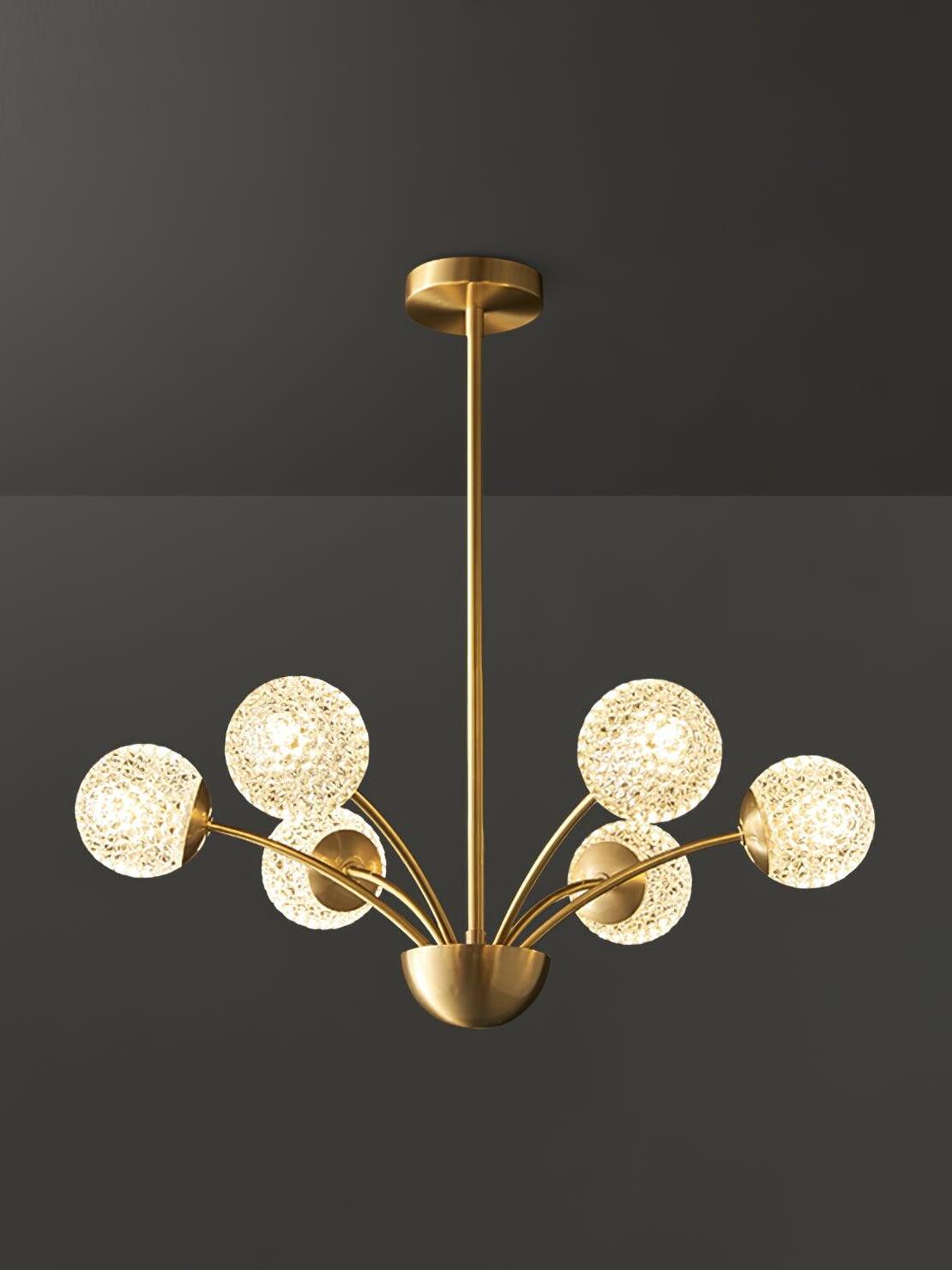 Six textured glowing globes on curved brass-tone arms with a bowl-shaped hub, stem and canopy