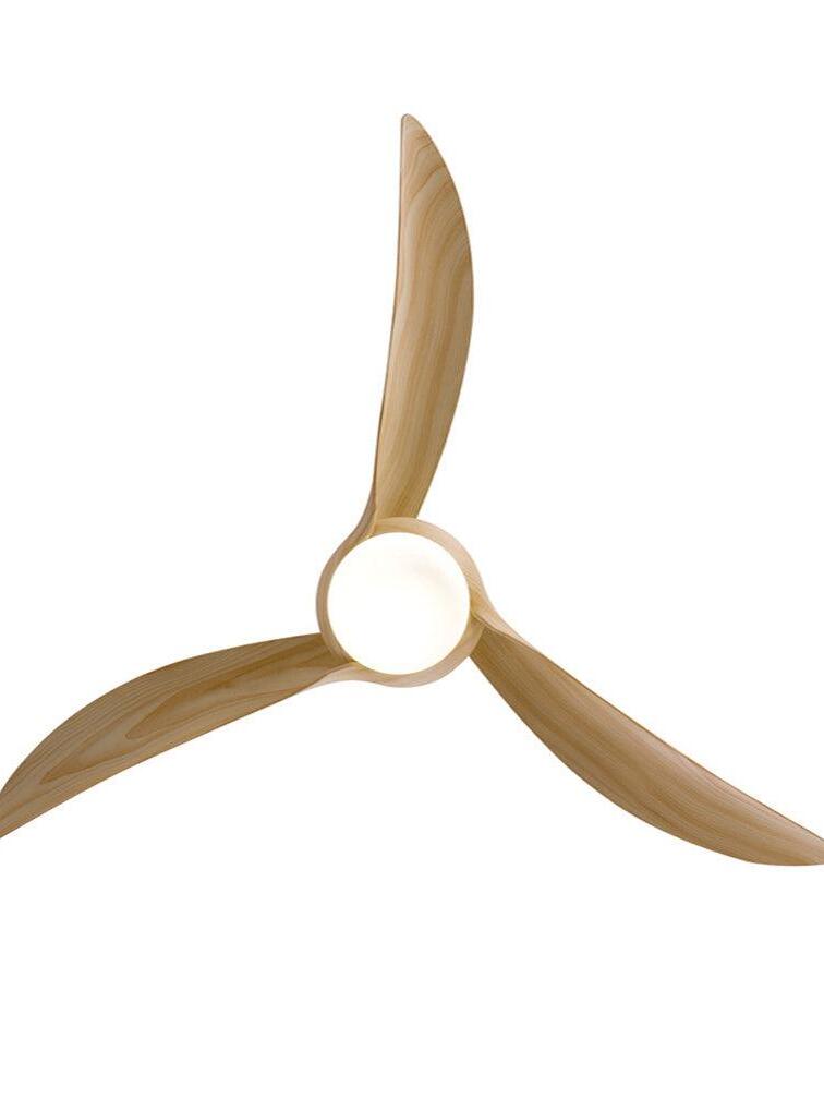 Direct underside view of three pale woodgrain-looking curved blades around a glowing circular diffuser against white