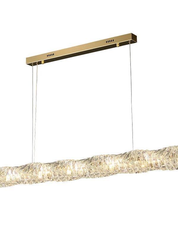 Isolated view of the long crystal pendant with a gold rectangular canopy and clear faceted bar