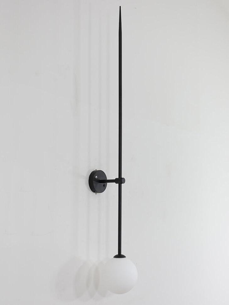 Angled unlit black rod wall light showing the short wall arm, round backplate and white globe