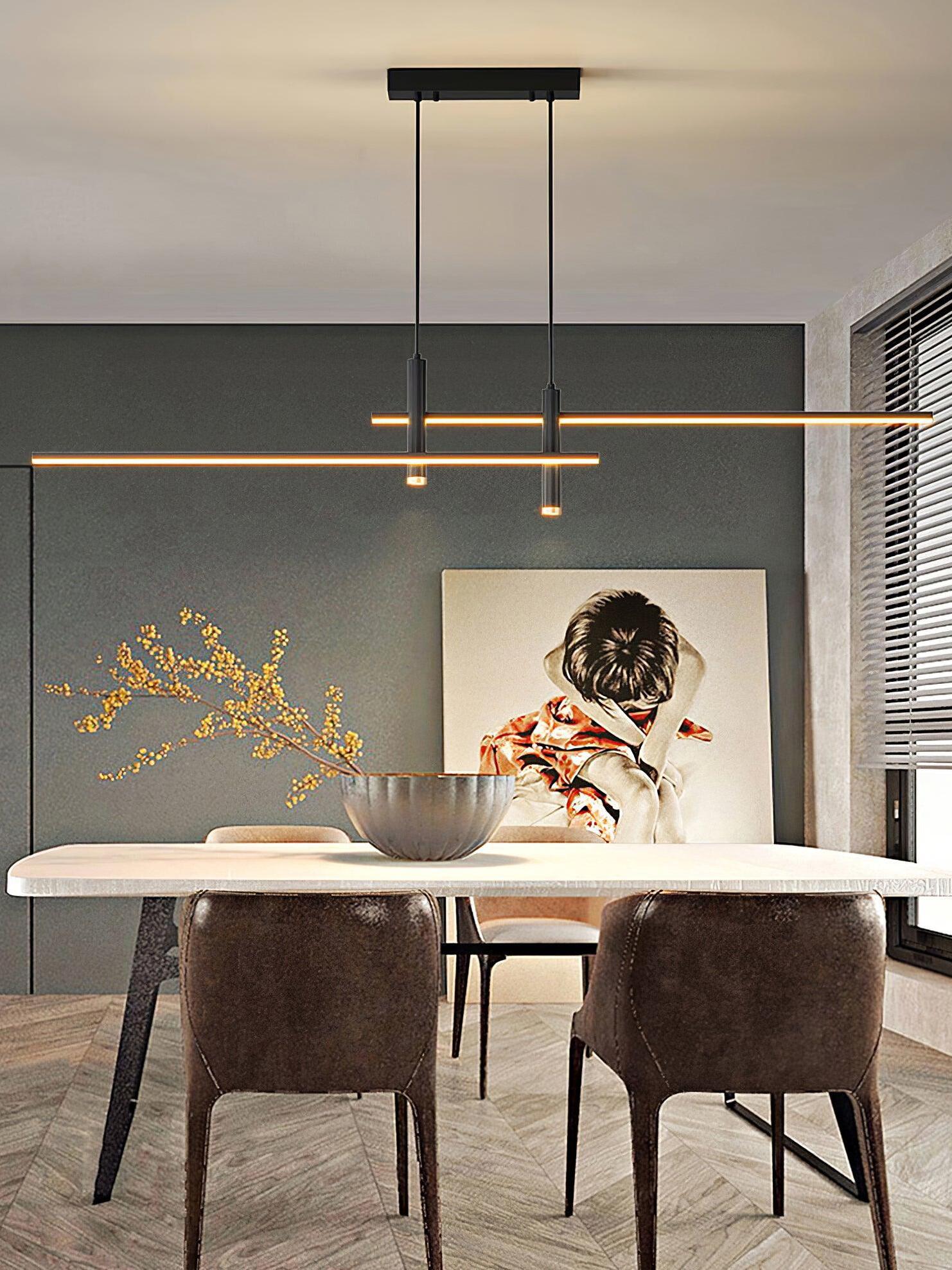 Black offset-bar Link pendant beneath a rectangular canopy above a dining table