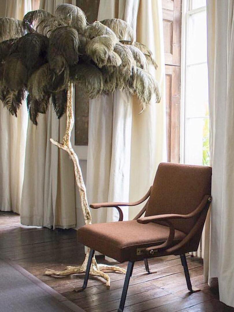 Art Deco Brass Ostrich Feather Floor Lamp - Cueteks