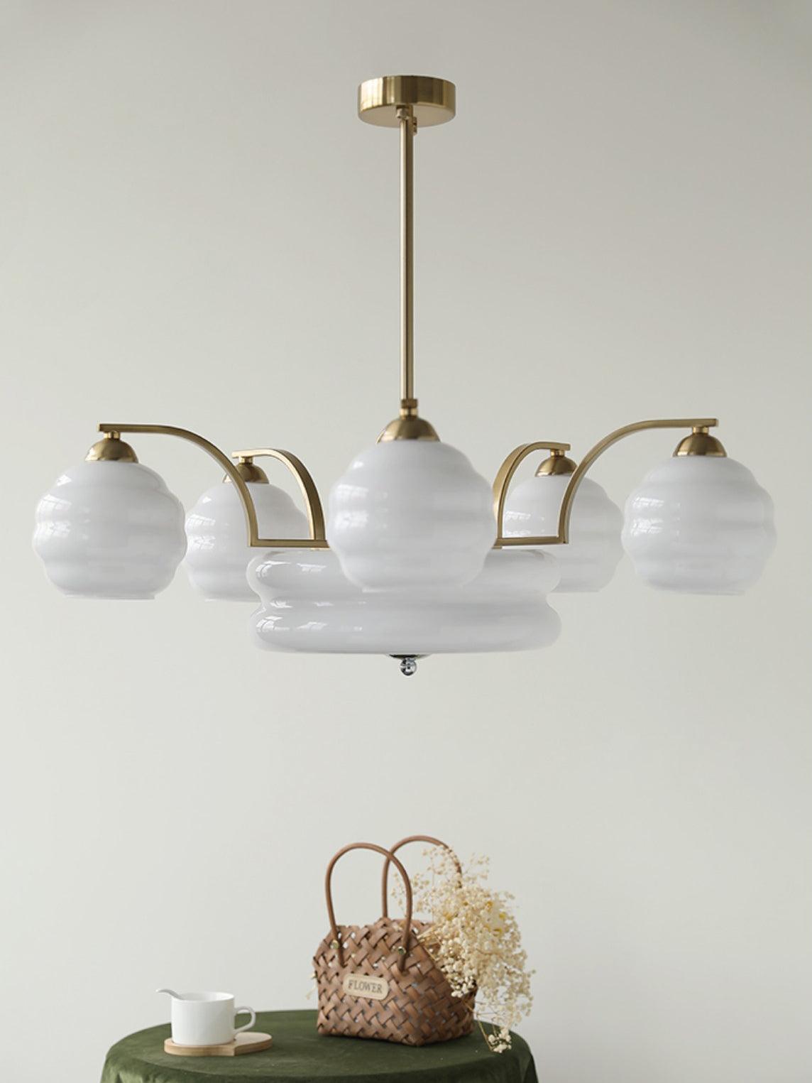 Unlit White glass chandelier with gold-coloured arms