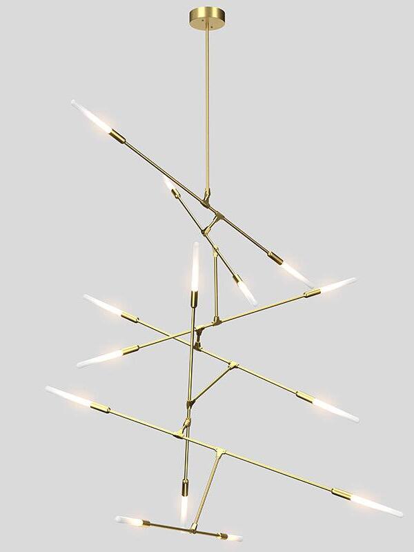 Gold-coloured vertical branch chandelier with a horizontal lower pair of tubular tips