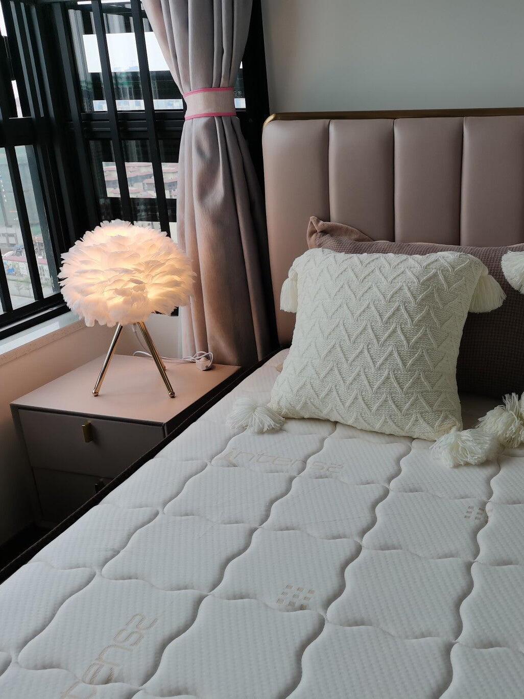 Pale pink feather lamp by mattress